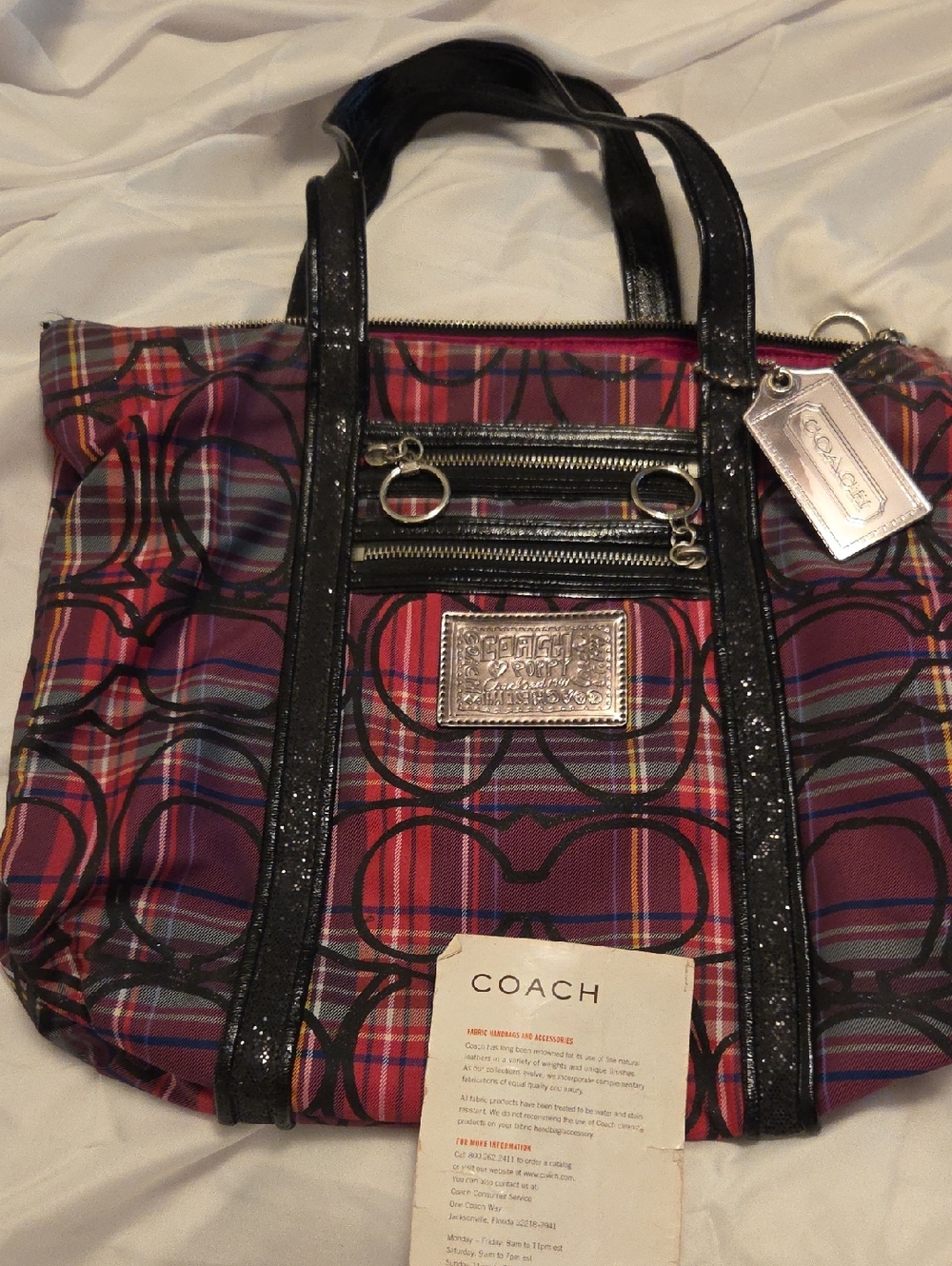 COACH Red Plaid Tote with Black Patent Trim